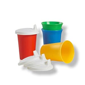 tupperware bell tumblers with domed sipper seals in green, red, blue, and yellow