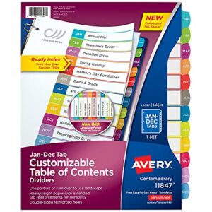 avery 12-tab dividers for 3 ring binders, customizable table of contents, multicolor tabs, 1 set (11847)
