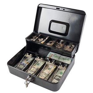 kyodoled locking cash box with lock,money box with cash tray,lock safe box with key,money saving organizer,11.81lx 9.45wx 3.54h inches,black xl large