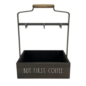 Rae Dunn Coffee Mug Holder - 6 Hook Coffee Cup Rack with Rectangular Rustic Style Crockery Holder - Storage or Display - Mug Stand Organizer for Kitchen Counter or Cafe Countertop - But First Coffee