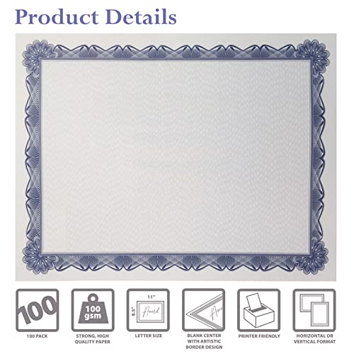 100 Sheet Certificate Paper, Blue Border, Letter Size Blank Paper, by Better Office Products, Specialty Award, Diploma Certificate Paper, Laser and Inkjet Printer Friendly, 8.5 x 11 Inches, 100 Count