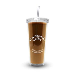 chamberlain coffee transparent tumbler – 24 oz clear iced coffee tumbler with straw – double wall tumbler with lid for cold brew, iced tea, matcha and cold drinks – 100% recyclable iced coffee cup
