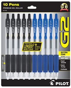 pilot g2 pens 0.5 mm – 10 pack (5 black and 5 blue pens) premium gel ink pens extra fine point 0.5 mm refillable & retractable rolling ball,