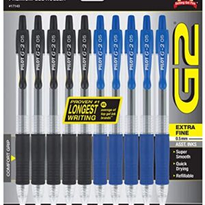 PILOT G2 Pens 0.5 mm - 10 Pack (5 Black and 5 Blue Pens) Premium Gel Ink Pens Extra Fine Point 0.5 mm Refillable & Retractable Rolling Ball,