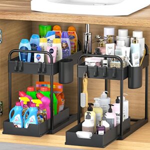 2pack under sink organizers and storage 2 tier pull out sliding drawer multipurpose sliding bathroom organization kitchen organization under sink shelf cleaning supply organizer rack with cups & hooks