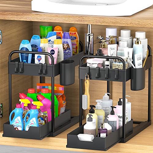 2Pack Under Sink Organizers and Storage 2 Tier Pull Out Sliding Drawer Multipurpose Sliding Bathroom Organization Kitchen Organization Under Sink Shelf Cleaning Supply Organizer Rack with Cups & Hooks