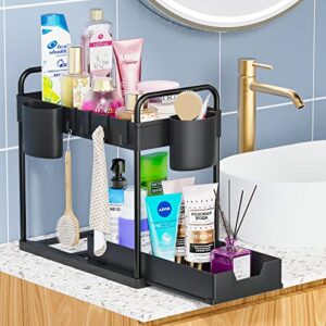 2Pack Under Sink Organizers and Storage 2 Tier Pull Out Sliding Drawer Multipurpose Sliding Bathroom Organization Kitchen Organization Under Sink Shelf Cleaning Supply Organizer Rack with Cups & Hooks