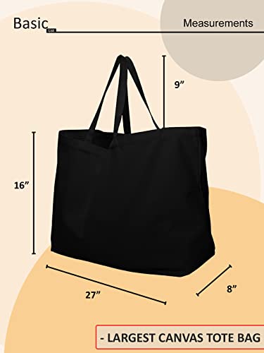 27" Large Canvas Tote Bag - Extra Big Largest Grocery Shopping Beach Reusable Totes Bags Vacation Plain Solid 27" X 16" X 8" (Black)