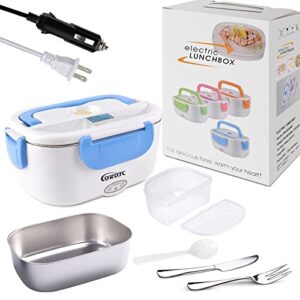 corotc 60w electric lunch box, 12v/24v/110v 3 in 1 leak proof food warmer lunch box for car/truck/home/office, 1.5l portable food warmer with 304 stainless steel tray, fork, spoon, compartment