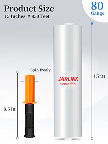 JARLINK Stretch Film, 15 Inch x 1000 Feet Shrink Wrap for Pallet Wrap, Industrial Strength Stretch Wrap up to 800% Stretch with Handles, Moving Wrapping Plastic Roll, 80 Gauge, 2 Pack