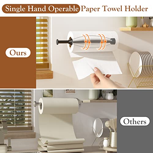 Paper Towel Holder Under Cabinet, Single Hand Operable Wall Mount Paper Towel Holder with Damping Effect, Self-Adhesive or Drilled Paper Roll Holders for Kitchen, Bathroom, RV(2 Towel Robe Hooks)