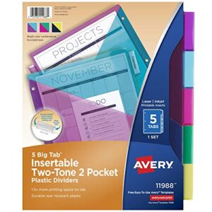 avery big tab insertable 2 pocket dividers for 3 ring binders, 5-tab set, bright two-tone multicolor, 1 set (11988)