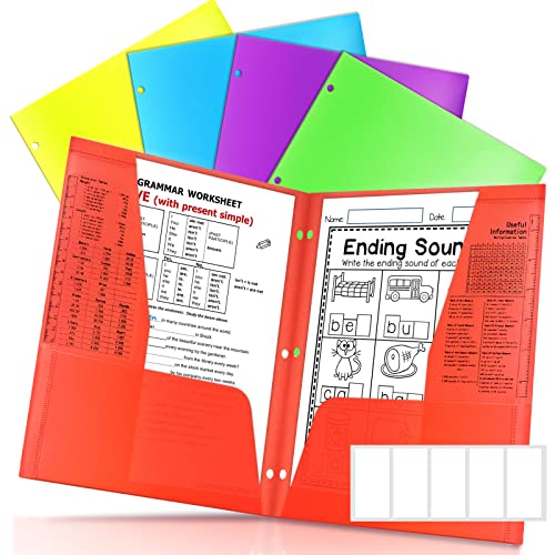 Sooez Plastic Pocket Folders with Reference Guide, 5 Pack Heavy Duty Folders with Pockets, 4 Pocket Folders with Pockets 3 Hole Punched, Stores Well in 3-Ring Binders, 5 Primary Colors