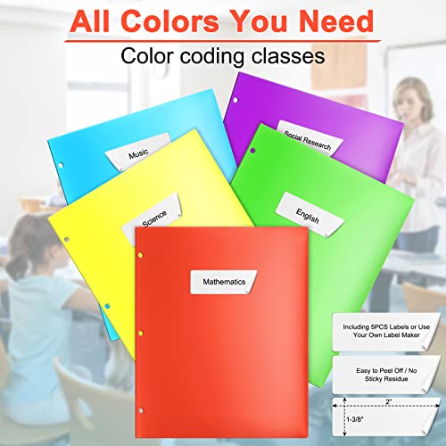 Sooez Plastic Pocket Folders with Reference Guide, 5 Pack Heavy Duty Folders with Pockets, 4 Pocket Folders with Pockets 3 Hole Punched, Stores Well in 3-Ring Binders, 5 Primary Colors