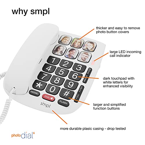 SMPL Hands-Free Dial Photo Memory Corded Phone, One-Touch Dialing, Large Buttons, Flashing Alerts, Durable, Perfect for Seniors, Alzheimer's, Dementia, Hearing Impaired