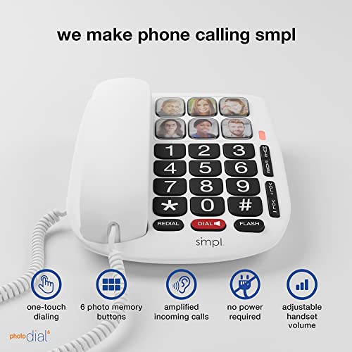 SMPL Hands-Free Dial Photo Memory Corded Phone, One-Touch Dialing, Large Buttons, Flashing Alerts, Durable, Perfect for Seniors, Alzheimer's, Dementia, Hearing Impaired