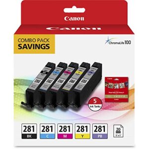 Genuine Canon CLI-281 5-Color Ink Tank Combo Pack with 5 x 5 Photo Paper (2091C006) Canon PGI-280 Pigment Black Ink Tank (2075C001)