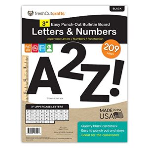 freshcut crafts | bulletin board letters & numbers, black 3 in. capital alphabet letters, numbers, punctuation, us made card stock punch out letters for posters, bulletin boards, classroom (209 pc)