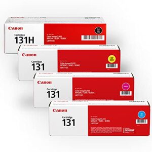 canon genuine toner bundle 131 (6270b007), 4 pack (1 each: cyan, magenta, yellow, high capacity black), for canon color imageclass mf8280cw, mf624cw, mf628cw, lbp7110cw laser printers