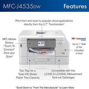 Brother INKvestment Tank MFC-J4535DW Wireless Color All-in-One Inkjet Printer - Print Copy Scan Fax - 20 ppm, 4800 x 1200 dpi, 8.5" x 14", Auto Duplex Printing, 20-Sheet ADF, Wulic Printer Cable