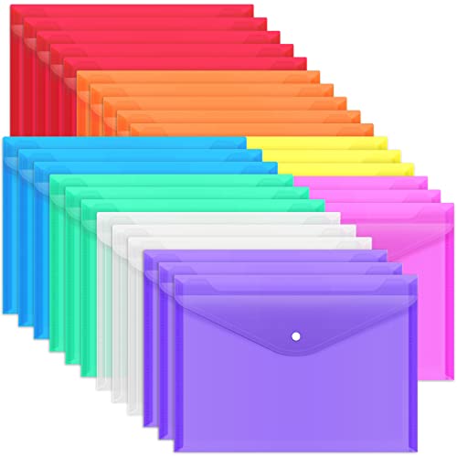 EOOUT 28pcs Plastic Envelopes, Plastic Folders, Plastic Envelopes with Snap Closure, Poly Folders, 8 Colors, A4 Size, Letter Size, for School and Office Supplies