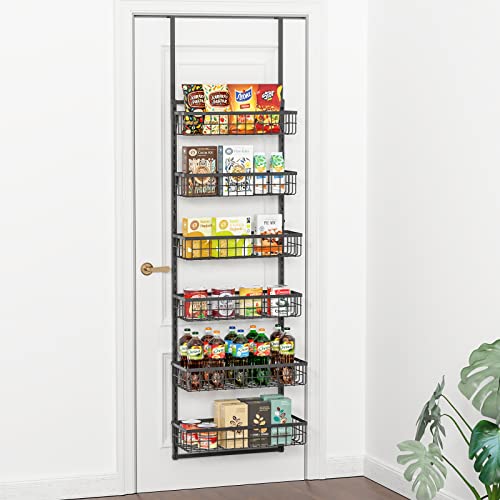 Over the Door Pantry Organizer, 6-Tier Adjustable Metal Baskets Pantry Door Organizer, Over Door Organizer Storage with Detachable Frame, Space Saving Hanging Spice Rack for Kitchen Pantry Door(Black)