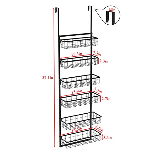 Over the Door Pantry Organizer, 6-Tier Adjustable Metal Baskets Pantry Door Organizer, Over Door Organizer Storage with Detachable Frame, Space Saving Hanging Spice Rack for Kitchen Pantry Door(Black)