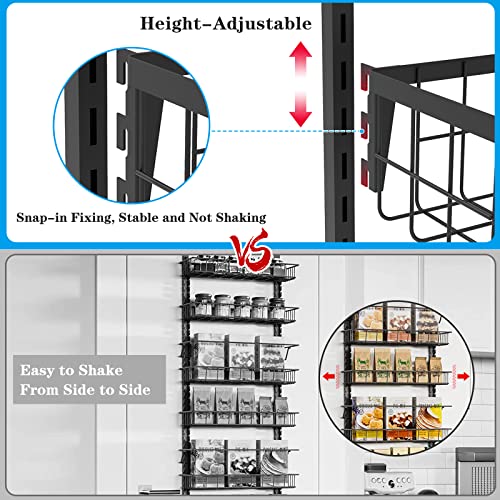 Over the Door Pantry Organizer, 6-Tier Adjustable Metal Baskets Pantry Door Organizer, Over Door Organizer Storage with Detachable Frame, Space Saving Hanging Spice Rack for Kitchen Pantry Door(Black)