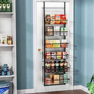 Over the Door Pantry Organizer, 6-Tier Adjustable Metal Baskets Pantry Door Organizer, Over Door Organizer Storage with Detachable Frame, Space Saving Hanging Spice Rack for Kitchen Pantry Door(Black)