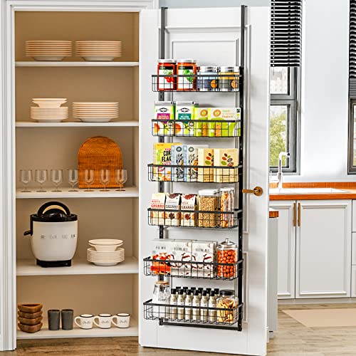 Over the Door Pantry Organizer, 6-Tier Adjustable Metal Baskets Pantry Door Organizer, Over Door Organizer Storage with Detachable Frame, Space Saving Hanging Spice Rack for Kitchen Pantry Door(Black)