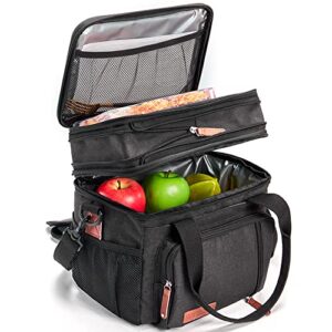 mov compra movcompra black adult insulated lunch box for work, expandable large lunch bags for women men, leakproof double deck lunch box cooler tote bag with removable shoulder strap