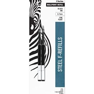 Zebra Pen F-Series Ballpoint Stainless Steel Pen Refill, Fine Point, 0.7mm, Black Ink, 2-Count