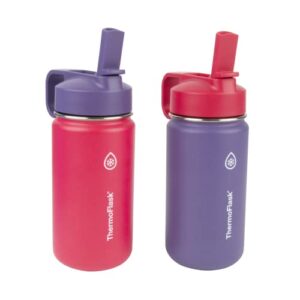 thermoflask double wall vacuum insulated stainless steel kids water bottle with straw lid, 14 ounce, 2-pack, punch / eggplant