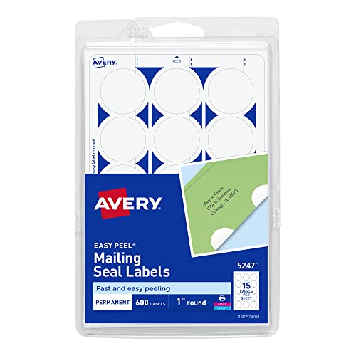 Avery Mailing Seals, 1" Round Labels, White, 600 Printable Mailing Labels (05247)