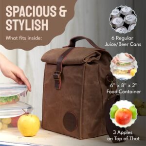 ASEBBO Insulated Lunch Bag 10L Sturdy Waxed Canvas Lunch Box for Men and Women - Leakproof Insulated Cooler Bag for Work Picnic Hiking - Premium Lunchbox for Adults (Brown)