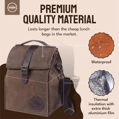 ASEBBO Insulated Lunch Bag 10L Sturdy Waxed Canvas Lunch Box for Men and Women - Leakproof Insulated Cooler Bag for Work Picnic Hiking - Premium Lunchbox for Adults (Brown)