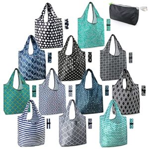 beegreen reusable grocery bags lightweight durable shopping bags washable foldable 12 pack xlarge classic geometric design gift tote grocery bags with elastic band and separated zipper storage pouch