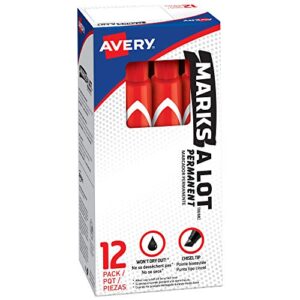 avery marks a lot permanent markers, large desk-style size, chisel tip, water and wear resistant, 12 red markers (08887)