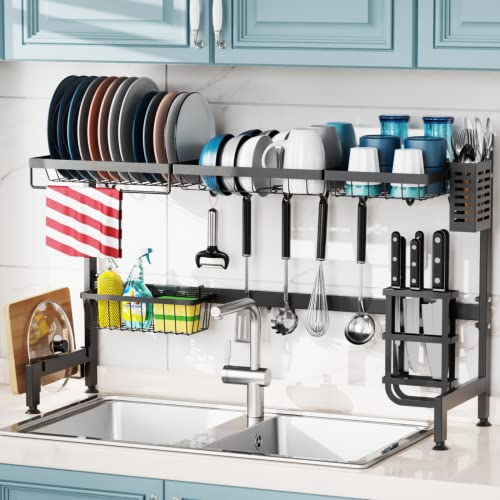 GSlife Over The Sink Dish Drying Rack - Length Adjustable (33.66~39.57") Dish Rack Over Sink Large Capacity, Rustproof Kitchen Dish Drying Rack, Above Sink Dish Rack, Black