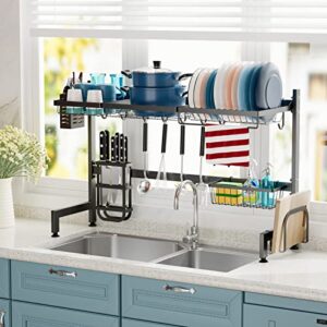 GSlife Over The Sink Dish Drying Rack - Length Adjustable (33.66~39.57") Dish Rack Over Sink Large Capacity, Rustproof Kitchen Dish Drying Rack, Above Sink Dish Rack, Black