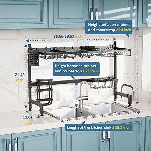 GSlife Over The Sink Dish Drying Rack - Length Adjustable (33.66~39.57") Dish Rack Over Sink Large Capacity, Rustproof Kitchen Dish Drying Rack, Above Sink Dish Rack, Black