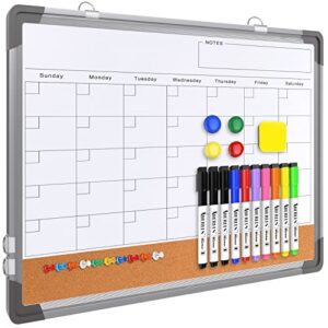 monthly calendar whiteboard dry erase cork board combination for wall, 17″x13″ magnetic dry erase board, double-sided white board, portable board for office, kitchen, planning, memo, school, home