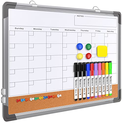 Monthly Calendar Whiteboard Dry Erase Cork Board Combination for Wall, 17"x13" Magnetic Dry Erase Board, Double-Sided White Board, Portable Board for Office, Kitchen, Planning, Memo, School, Home