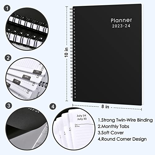 Planner 2023-2024 - Weekly and Monthly Planner, July 2023 - June 2024, 8'' x 10'', 2023-2024 Academic Planner with Monthly Tabs, Twin-Wire Binding, Thick Paper, Flexible Cover - Classic Black