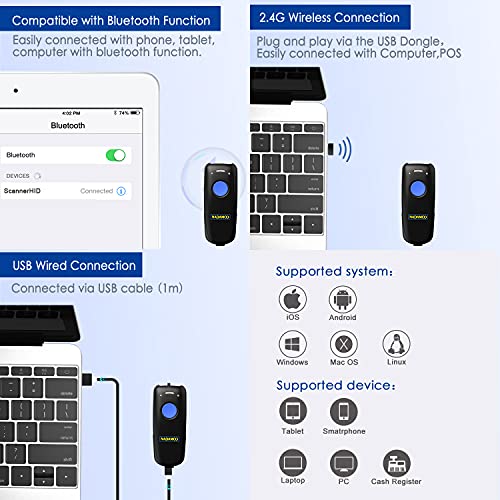 NADAMOO Wireless Barcode Scanner Compatible with Bluetooth Function, 2.4G Wireless & Wired 3-in-1 Bar Code Scanner Portable USB CCD Reader, Work with Tablet iPhone iPad Android Windows Mac OS