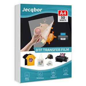 jecqbor dtf transfer film paper pet heat transfer paper a4 (30sheet), double-sided glossy clear pretreat dtf film for dtf epson inkjet printer, direct print on t-shirts textile (8.3″ x 11.7″)