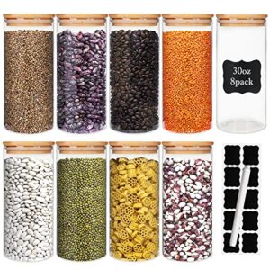 glass food storage containers jars with airtight bamboo lid 30oz 8pcs, 890ml pantry organization jar, glass terrarium with lid, spice, tea, flour and sugar container, canister set for kitchen counter