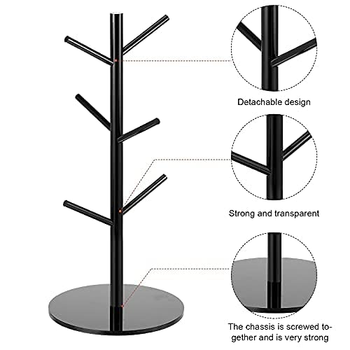 Patelai 14 Inch Coffee Mug Tree Mug Rack Cup Holders for Counter with 6 Hooks Removable Mug Stands (Black,Acrylic)