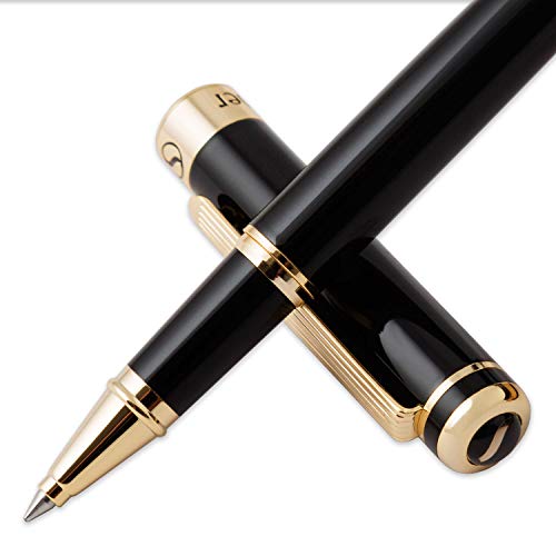 Scriveiner Black Lacquer Rollerball Pen - Stunning Luxury Pen with 24K Gold Finish, Schmidt Ink Refill, Best Roller Ball Pen Gift Set for Men & Women, Professional, Executive Office, Nice Pens