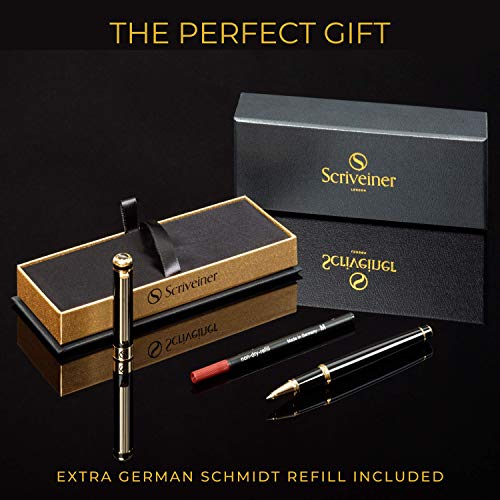 Scriveiner Black Lacquer Rollerball Pen - Stunning Luxury Pen with 24K Gold Finish, Schmidt Ink Refill, Best Roller Ball Pen Gift Set for Men & Women, Professional, Executive Office, Nice Pens